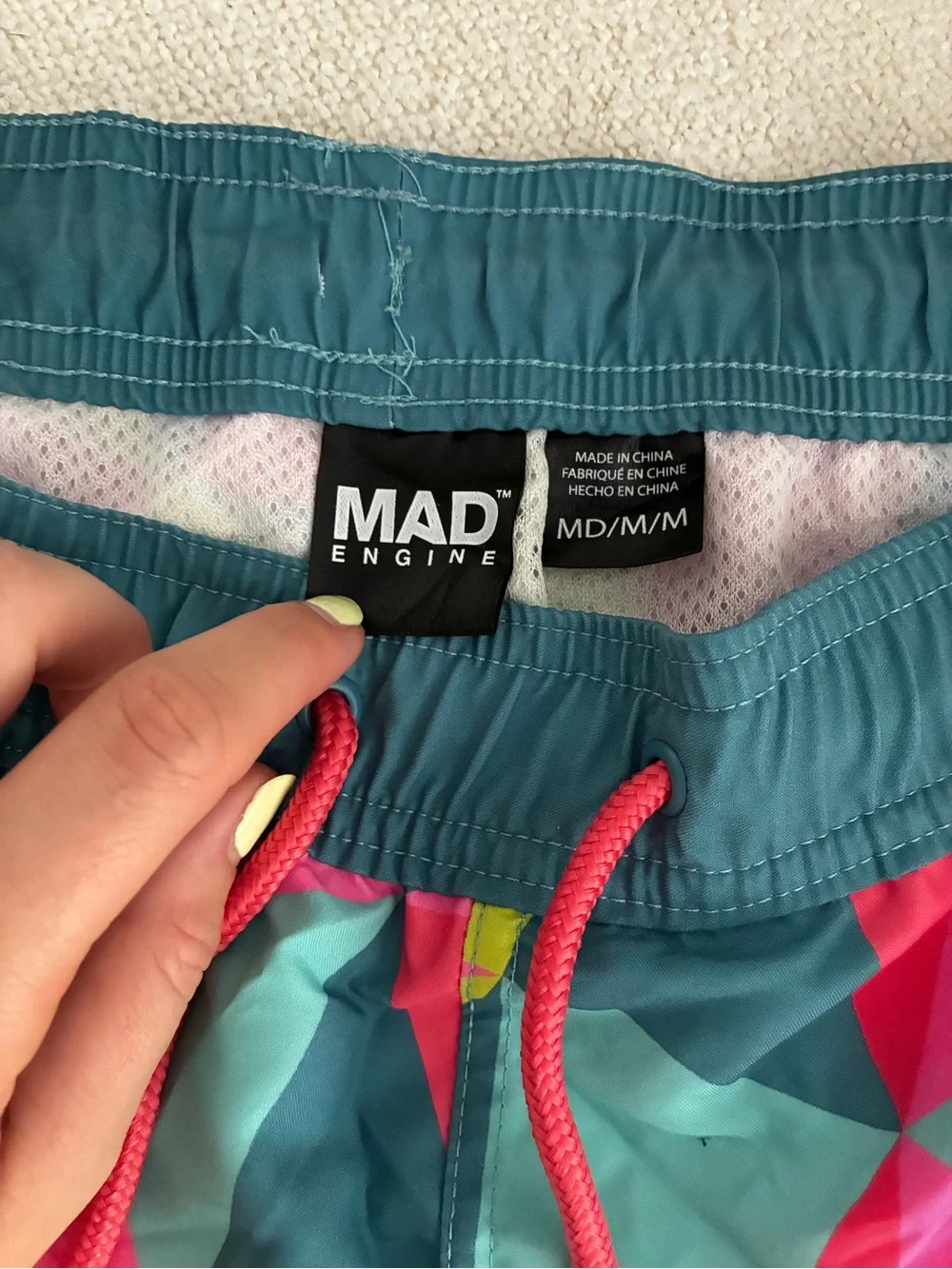 MAD Engine Neon Geo Print Men’s Swim Trunks - Teal, Lime, Pink, Cyan